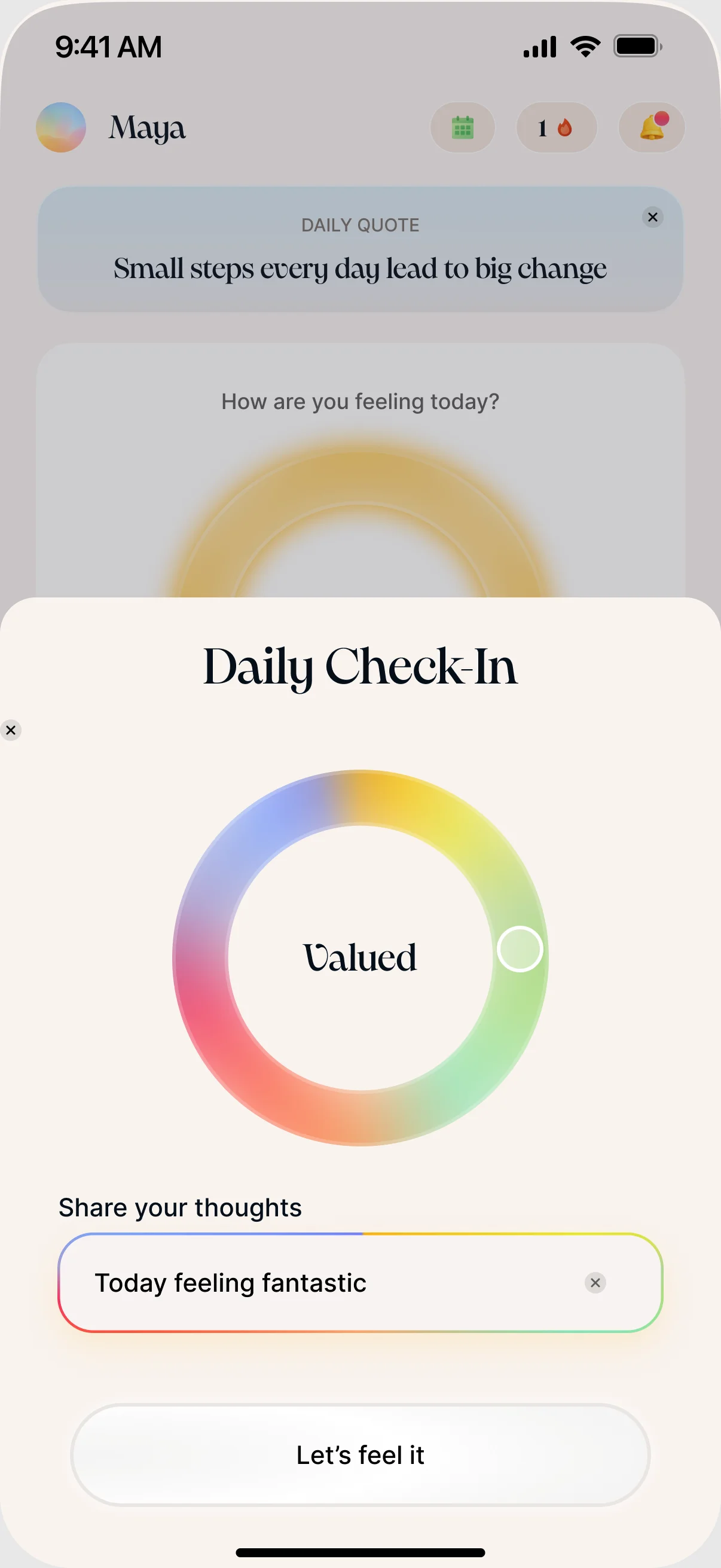 therma daily check-in screen in the ios app with the mood ring set to valued and a note that reads today feeling fantastic